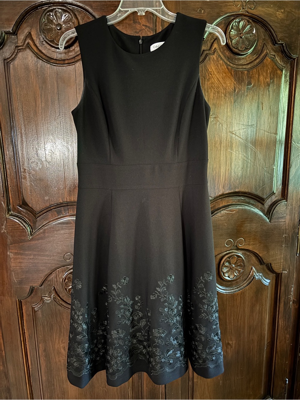Calvin Klein Black Sleeveless A-Line Dress with Subtle Embroidered Hem